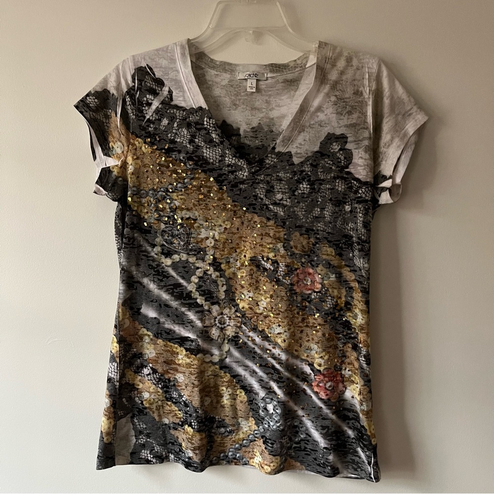 Cache Y2K Burnout V-Neck T-Shirt Large Sequins